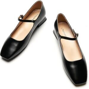 C.Paravano Women's Mary Jane Flats Adjustable Strap & Square Toe Black Size 9